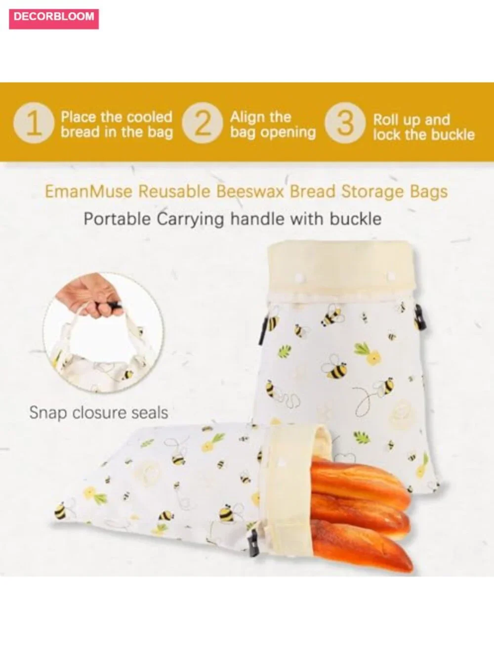 Reusable Beeswax Bread Bag XL, Removable Liner, Cotton/Linen, for Sourdough